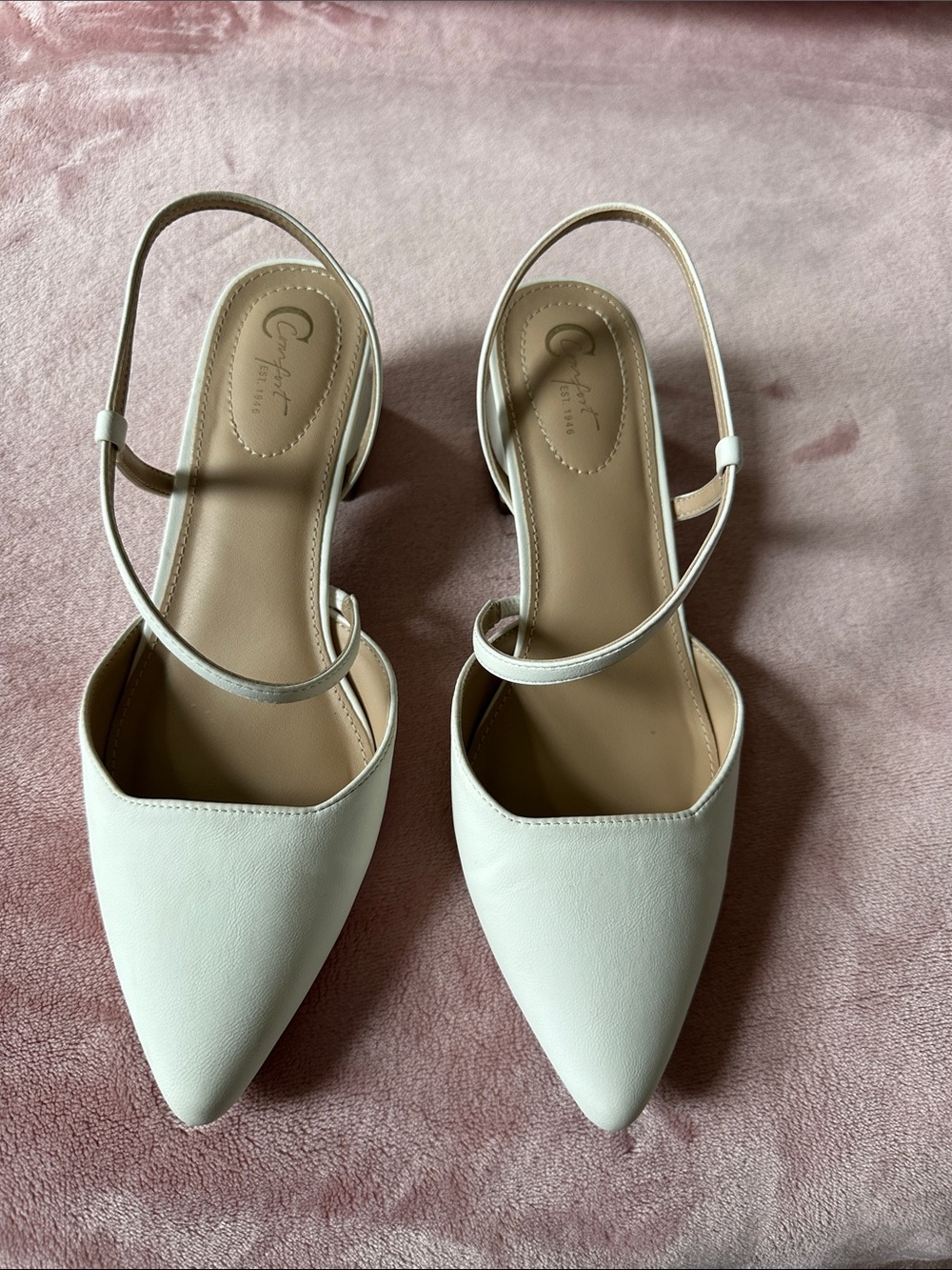 Cato White Pointed Slingback Heels with Ankle Strap